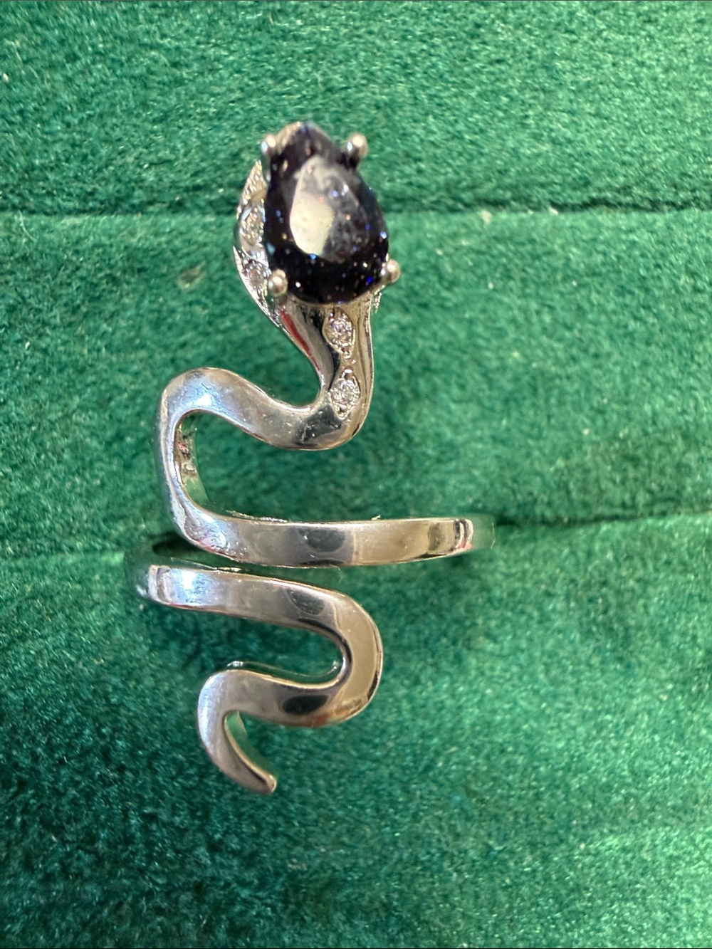Silver Snake Wrap Ring with Dark Blue sunstone Teardrop Stone ring size 6